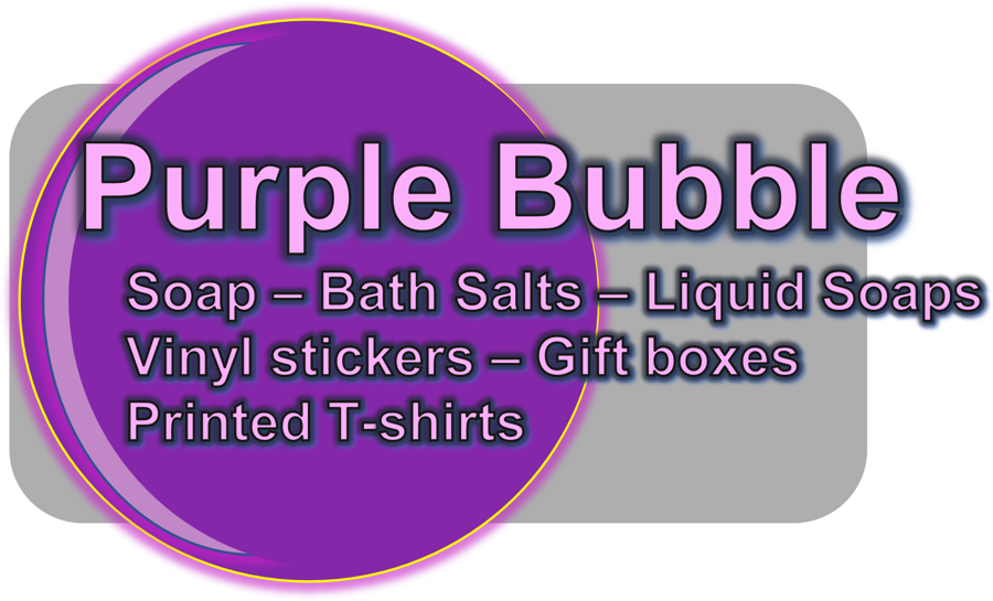 Purple Bubble logo: Soap, Bath Salts, Liquid Soaps, Vinyl stickers, Gift boxes, Printed T-shirts